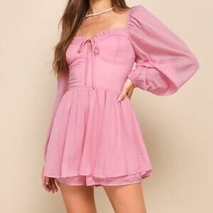 Storia Adorable Perfection Pink Balloon Sleeve Sweetheart Woven Bustier Romper
